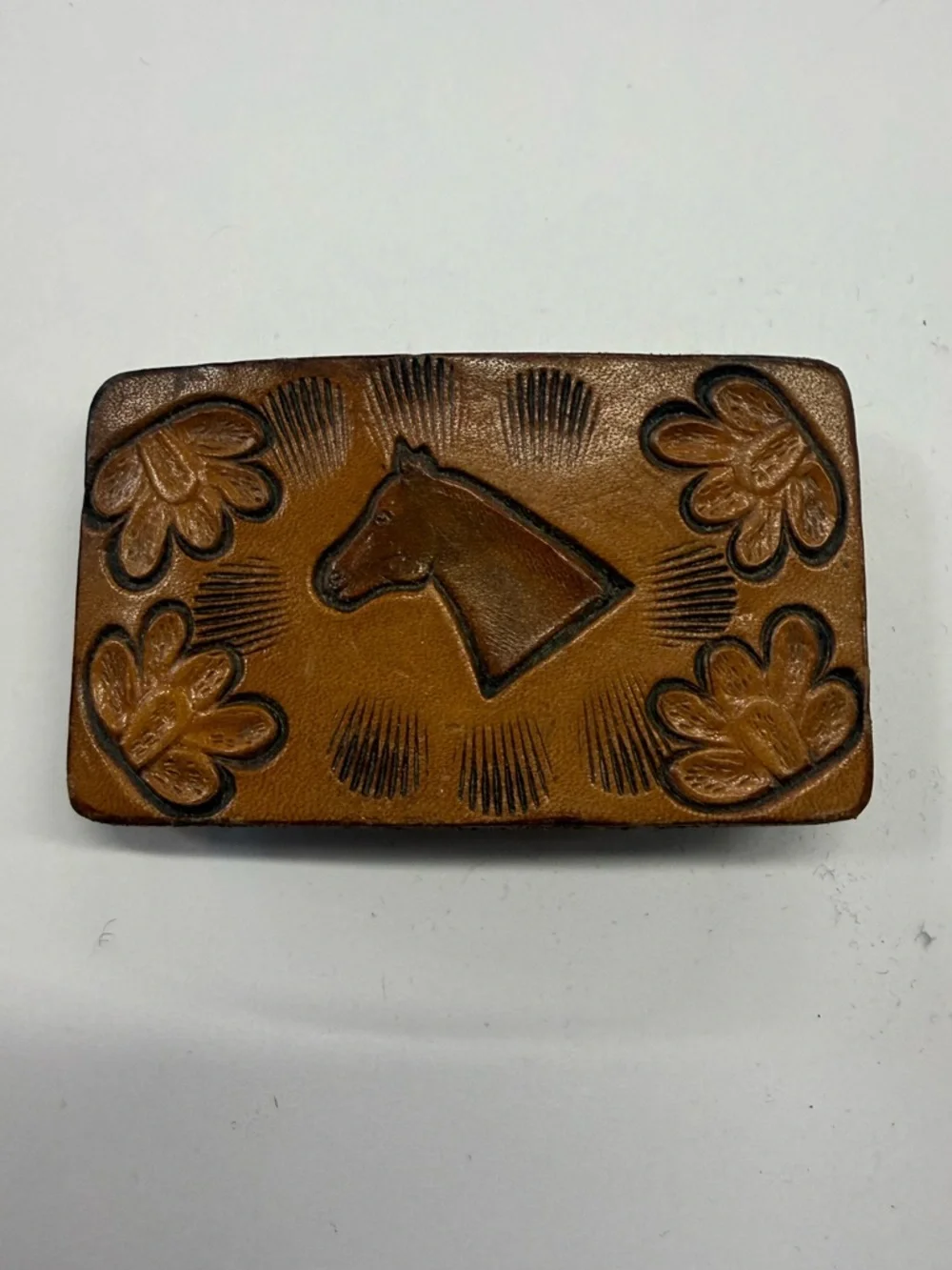 Vintage Western Tooled Leather Horse Belt Buckle Handmade Equestrian